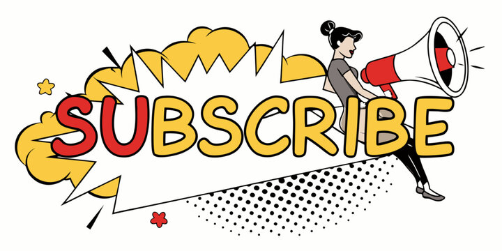 Get notified, subscribe now! Woman with megaphone promoting channel, engaging content alerts, join community