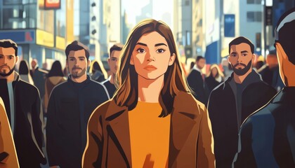 Obraz premium A young woman with long brown hair and an orange shirt walks confidently among a blurred crowd of people in a city setting.