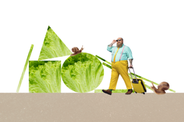 Creative picture young man walk go valise traveler luggage snail crawl nature environment lettuce vegan food calories healthy dieting
