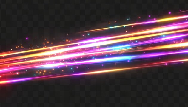 The illustration shows several bright multicolored streaks of light with glowing particles, set against a black background.