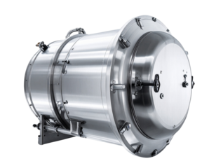  Top-Down View of Stainless Steel Pilot Reactor, Showcasing Valves and Connections, isolated transparent background PNG