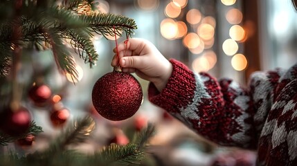 Child's hand in a patterned sweater carefully placing a shiny red bauble on a green christmas tree branch, creating a festive holiday atmosphere with bokeh lights