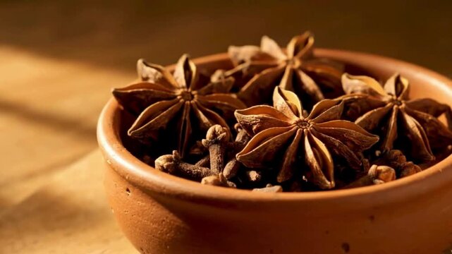Aromatic star anise and cloves swirling in rustic bowl, perfect for culinary videos or holiday spice promotions, warm and inviting scene