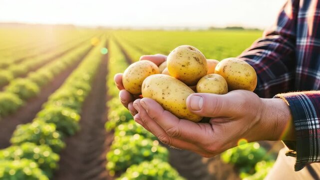 Farmer Harvesting Fresh Potatoes Golden Hour Farmland, 4k video footage