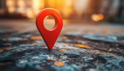 A red map marker pin is situated on a textured, dark-colored stone surface with blurred background lighting suggesting sunset.