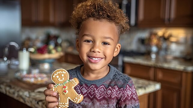 Joyful african american boy proudly presenting a decorated gingerbread man cookie, celebrating baking and holiday traditions in a warm home kitchen environment