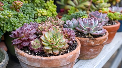 Collection of various potted succulent plants displayed together in natural light highlighting unique colors.