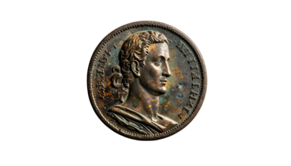 Ancient, tarnished bronze coin depicting a man's profile
