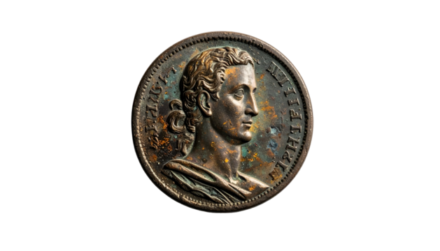 Ancient, tarnished bronze coin depicting a man's profile