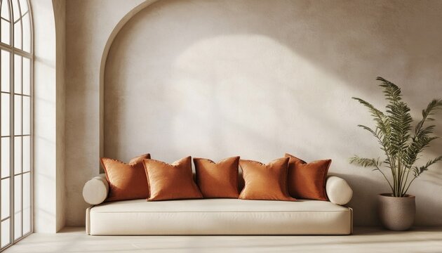 A cream-colored couch with several burnt orange pillows sits against a beige wall in a room with large windows and arched doorways, a potted plant is next to the couch.