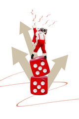 Vertical photo collage of happy old man santa claus masquerade part retro recorder dice gamble...