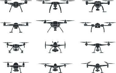 A collection of various drone silhouettes showcasing different designs and functionalities..