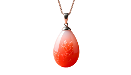 Pear-shaped coral pendant with branch-like inclusions on silver chain