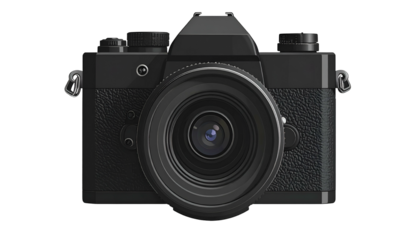 Sleek, black mirrorless camera with lens centered, isolated on black background