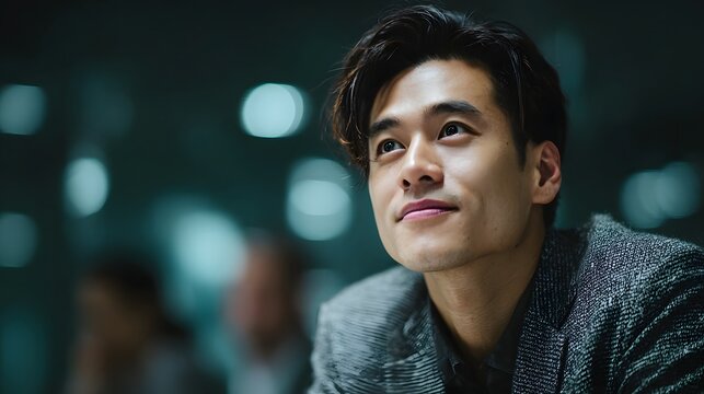 A thoughtful Asian businessman looking upwards in a modern office meeting