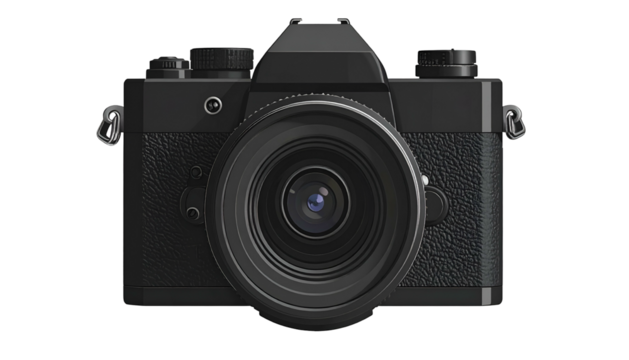 Sleek, black mirrorless camera with lens centered, isolated on black background