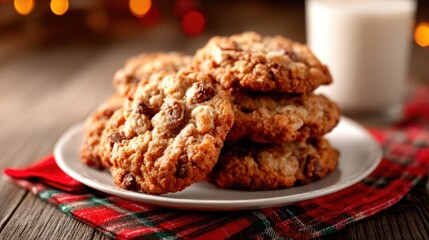 A delicious stack of oatmeal cookies accompanied by a glass of milk, creating a comforting and nostalgic scene perfect for sharing warmth and love in a cozy atmosphere.