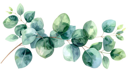 Watercolor illustration of eucalyptus branch with round, green leaves and delicate stems