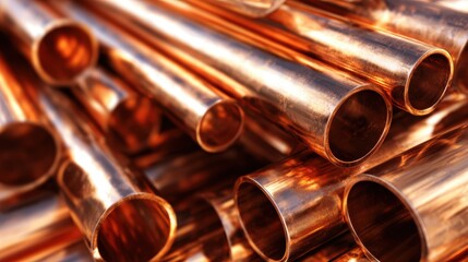 A close-up view of gleaming copper pipes, stacked haphazardly together, showcasing the material's reflective surface and strength, essential for various construction applications.