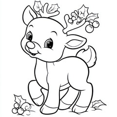 Fototapeta premium Cute baby reindeer with a cheerful mood, adorned with holly, against a festive white background with copy space