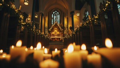 Fototapeta premium Lit candles sit in the foreground of a church decorated with Christmas trees, garlands, and lights for the holiday season.