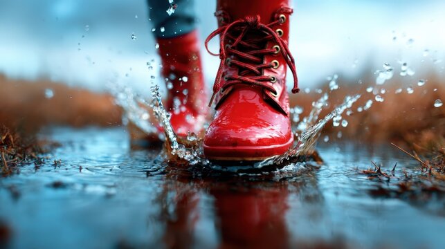 A close-up view of vibrant red boots jumping into a puddle, creating splashes of water, evoking a sense of joy and playfulness in nature during rainy weather.