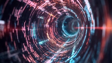 Futuristic digital tunnel with data streams and glowing lights. - Powered by Adobe