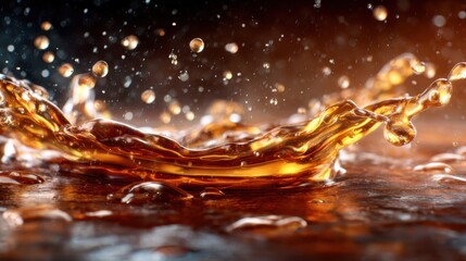 A spectacular high-speed capture of brown liquid splashing dynamically, creating dramatic waves and droplets, portraying energy, movement, and excitement in an artistic setting.