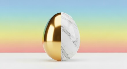 Half Gold Half Marble Egg on White Surface with Pastel Gradient