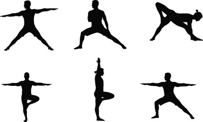 Silhouette of men and women practicing yoga poses, balance, meditation, fitness exercise, stretching, mindfulness, healthy lifestyle, body flexibility, workout