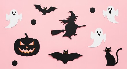 Halloween silhouettes: Witch, ghosts, bats, pumpkin, and black c
