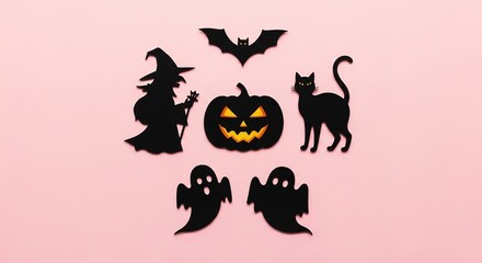 Halloween silhouettes: witch, pumpkin, bat, cat, and ghosts on p