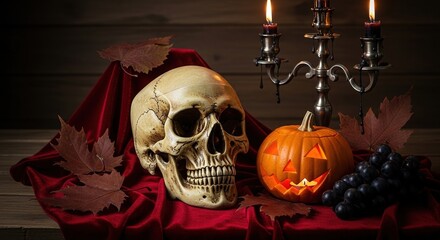 Halloween Still Life: Skull, Jack-o'-Lantern, Candelabra, and Au