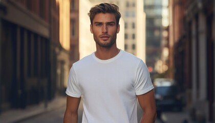 Fototapeta premium The photo shows a young, light-skinned man with short brown hair wearing a plain white t-shirt standing outdoors on a city street.