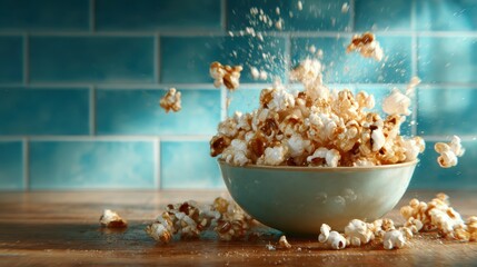 Dynamic shot of popcorn bursting out of a bowl, capturing the fun and excitement of snack time, illustrating joy and the perfect movie theater companion.