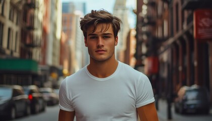 Fototapeta premium A young man with brown hair is wearing a white crew neck t-shirt and standing on a city street with blurred buildings and cars in the background.