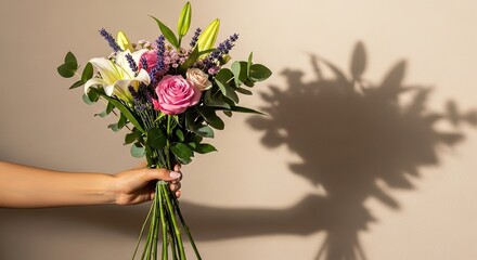 Hand Holding a Vibrant Bouquet with Shadow on Beige Background