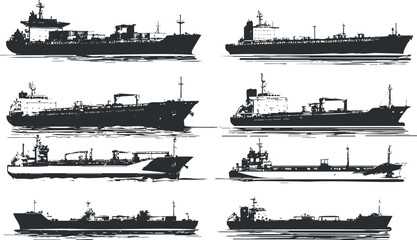 Silhouettes of various cargo ships and tankers arranged in a visually appealing layout..