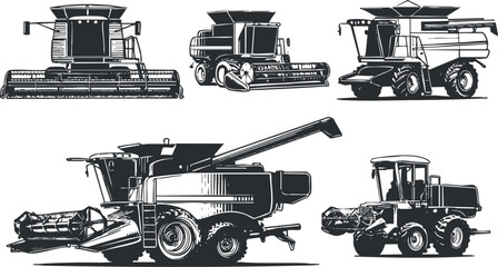 Illustration of different types of agricultural machinery including combines and tractors in silhouette..