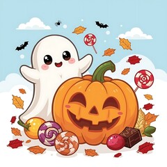 Friendly Ghost and Pumpkin Halloween Cartoon with Candy and Leaves