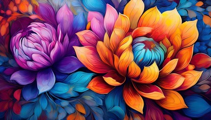 vibrant painting of blooming flowers with multicolored petals in intricate detail capturing natural beauty and joy ideal for decorative art home design greeting cards wallpaper or creative proje