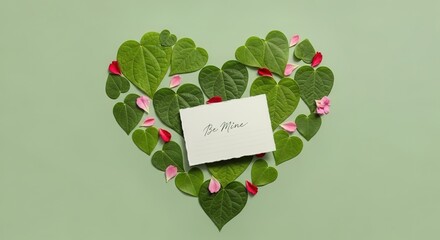 Heart of Leaves with 'Be Mine' Note and Scattered Petals on Gree
