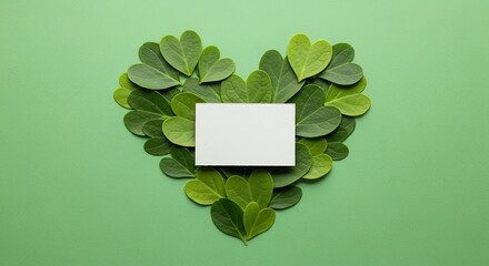 Heart-Shaped Arrangement of Green Leaves with Blank White Card o