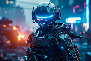 Futuristic blue screen cyborg on a powerful motorcycle with glowing engine