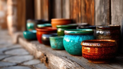 This artistic showcase of colorful handcrafted pottery on rustic wood highlights the beauty of artisanal craftsmanship and the unique character of handmade objects in daily life.