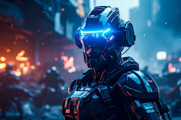 Naklejka premium A young man in a black gas mask and futuristic helmet is a DJ in action with android and cyborg fiction in a dark future of technology
