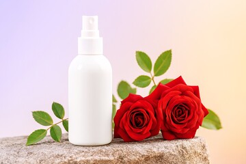 White Cosmetic Spray Bottle with Red Roses on Stone Surface, Natural Beauty Skincare Product Concept with Floral Decoration and Elegant Background
