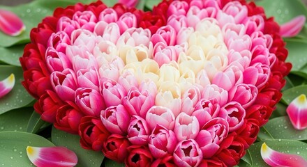 Heart-shaped arrangement of red, pink, and white tulips on green