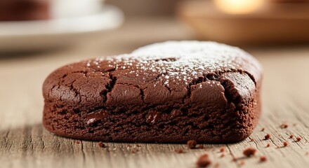 Heart-Shaped Chocolate Cake Dusted with Powdered Sugar on Wooden