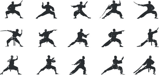 Dynamic silhouettes of martial artists showcasing various poses and movements in action..
